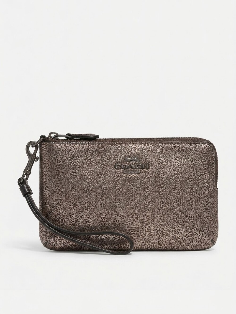 Coach Metallic Bronze Leather Double Zip Wristlet With Gunmetal Hardware